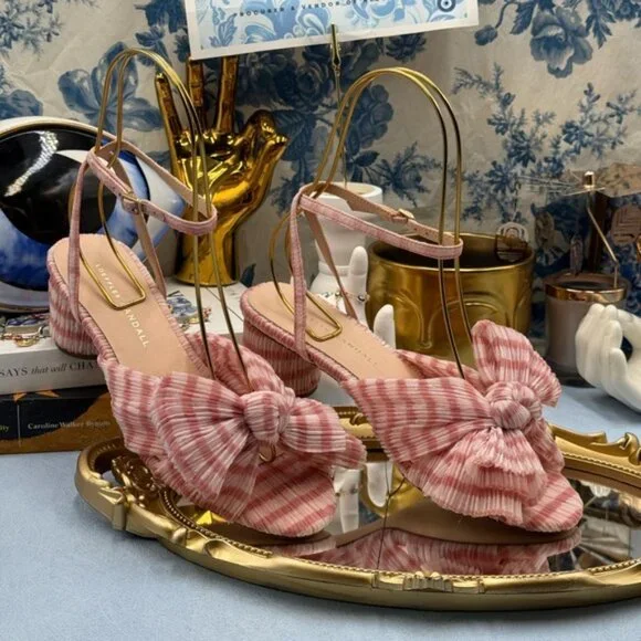 🆕 LOEFFLER RANDALL 🧿 NWOT Dahlia Soft Pink Gingham Pleated Bow Heel, Sz 7 - Picture 3 of 15